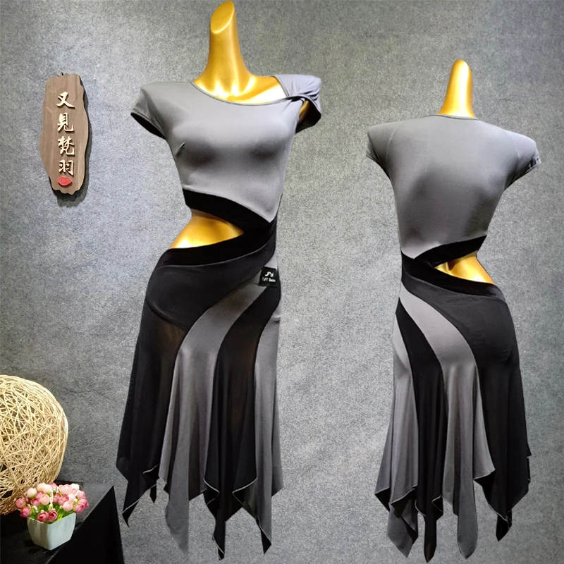 

2019 Year YJFY Brand New Dance Latin Dress Grey Color Conrast Color Patchwork Hollow Out Wasit Women Dancer Dresses Clothes