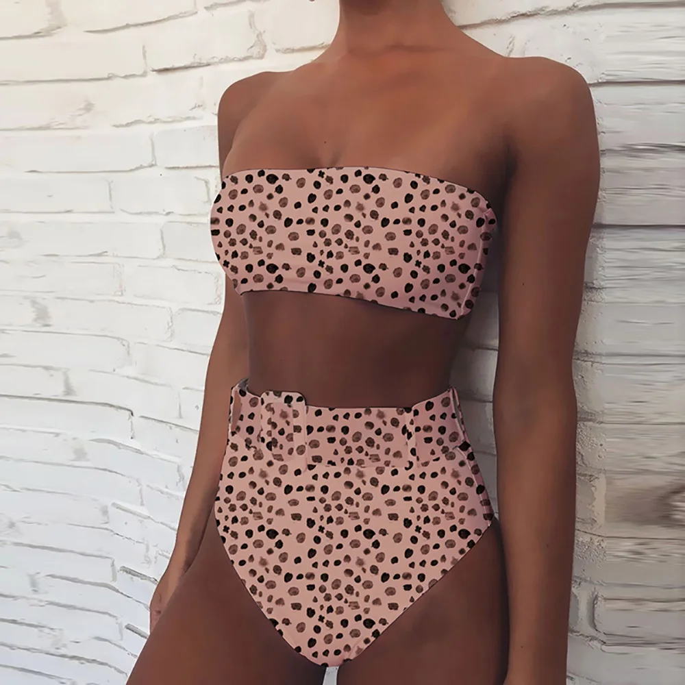 

Leopard Women's Swimsuit 2020 Bandeau High Waist Bikini Python Pattern Sexy Swimwear Women Printing Polka Dot Solid Color Bikini