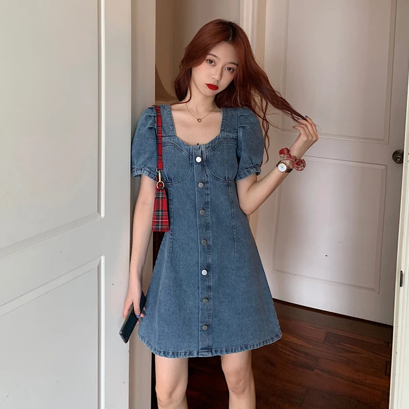 square neck denim dress