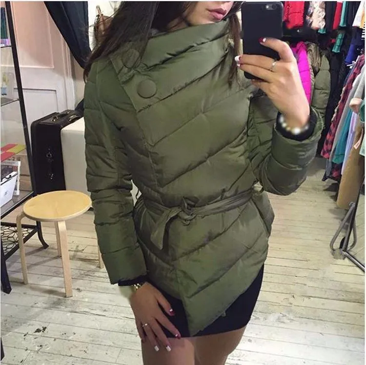 

Winter Women Casual Jacket Female Solid High Neck Parka Bandage Warm Coat Overcoat