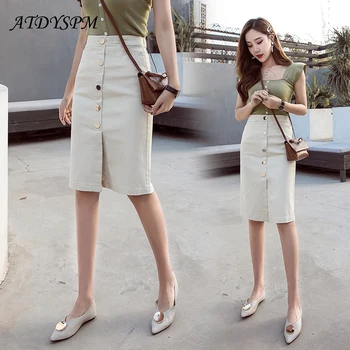 

2020 High Waist Denim Skirt Elegant Breasted Stretch A-Line Midi Jean Skirts Womens Casual Ladies Streetwear Vintage Skirts