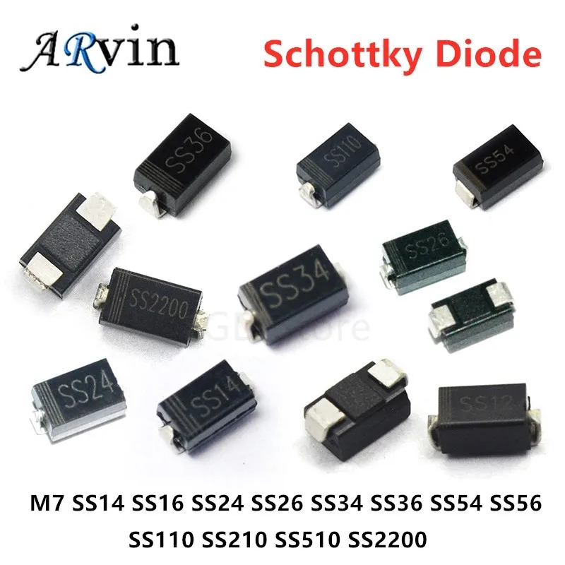 100 шт SMA Schottky диод выпрямитель (1N4007) M7 SS14 SS16 SS24 SS26 SS34 SS36 SS54 SS56 SS110 SS210 SS510