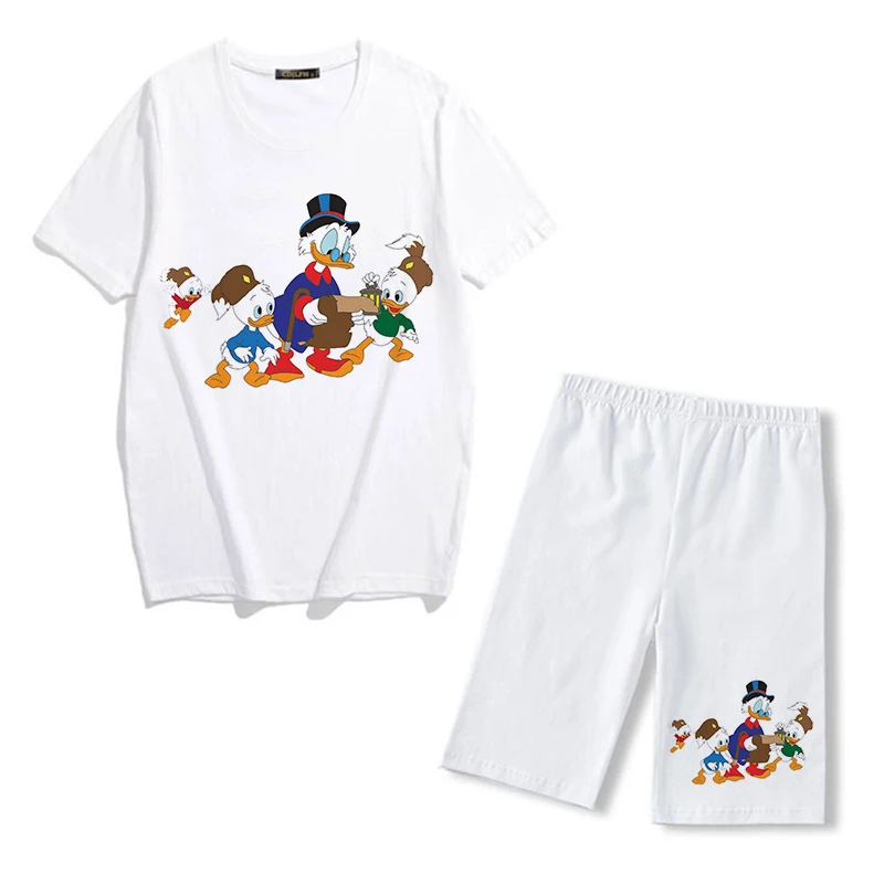 Disney Donald Duck Cartoon Print Fashion Women Two Piece Set Short Sleeve T-shirt+sports Shorts Summer Casual Tracksuits Clothes plus size jogger set Women's Sets