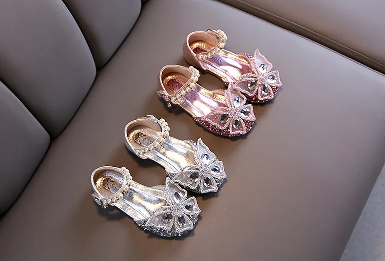 Sandal for girl 2021 New Girls Sequin Lace Bow Kids Shoes Girls Cute Pearl Princess Dance Single Casual Shoe New Children's Party Wedding Shoes child shoes girl