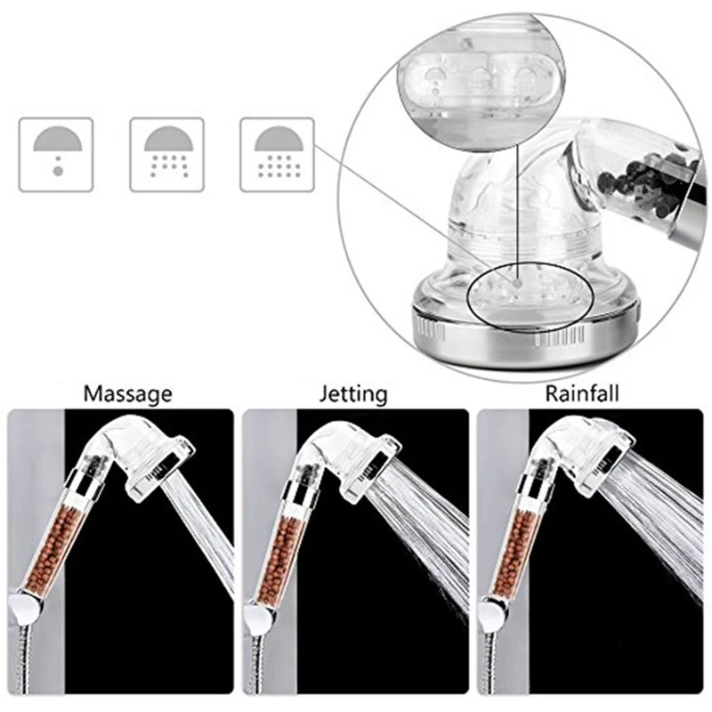 Душевая насадка для ванны, регулируемая, 3 режима, высокое давление, каменный поток, ручная душевая головка с отрицательным ионом, активированные керамические шарики