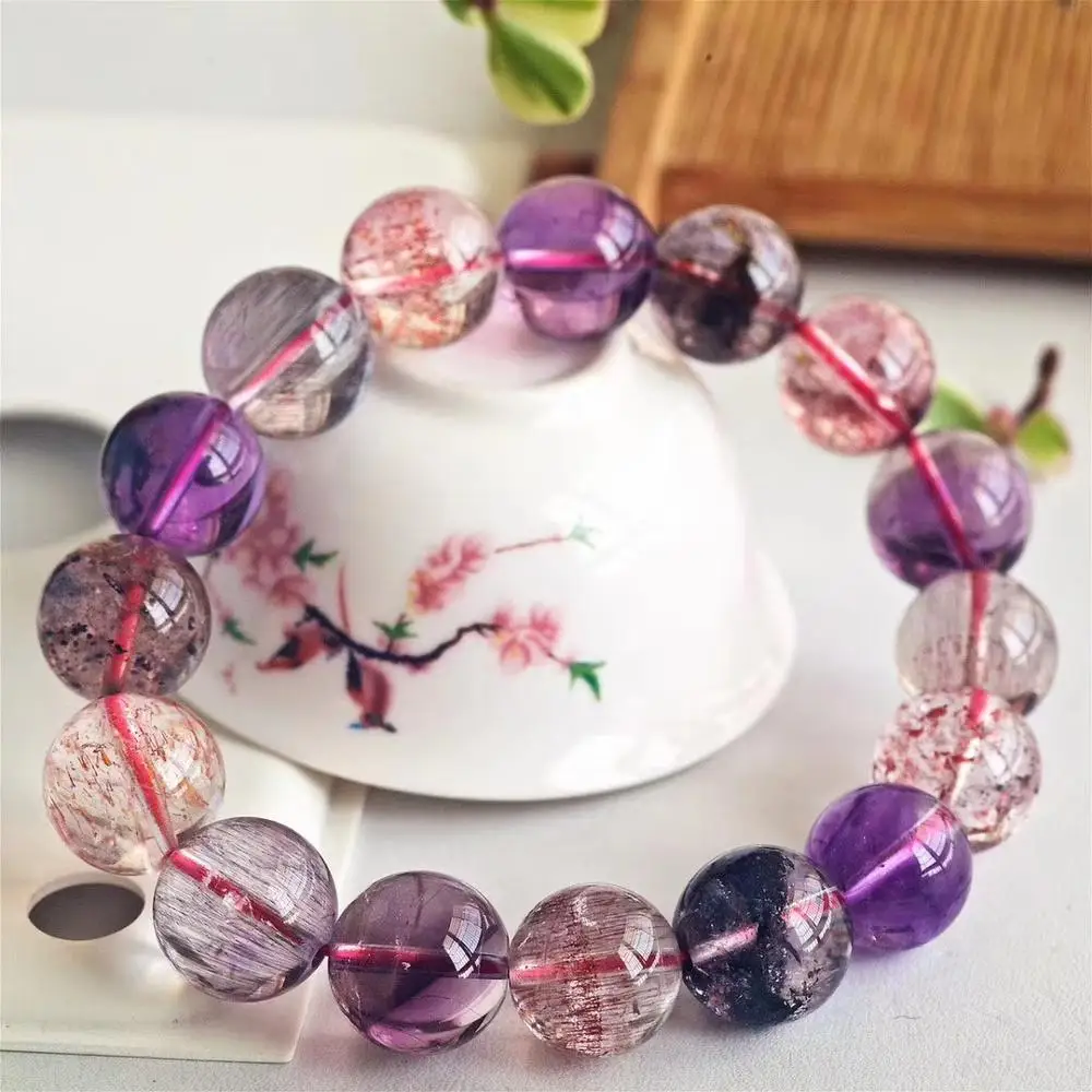 

13.5mm Top Natural Super Seven 7 Purple Rutilated Quartz Crystal Round Beads Bracelet Women Men AAAAAA Certificate