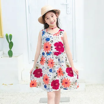 

2020 Sleeveless Dress Girl Summer Flower Print Cotton Beach Dresses 8 10 12 Years Old Baby Princes A Line Toddler Kids Clothing