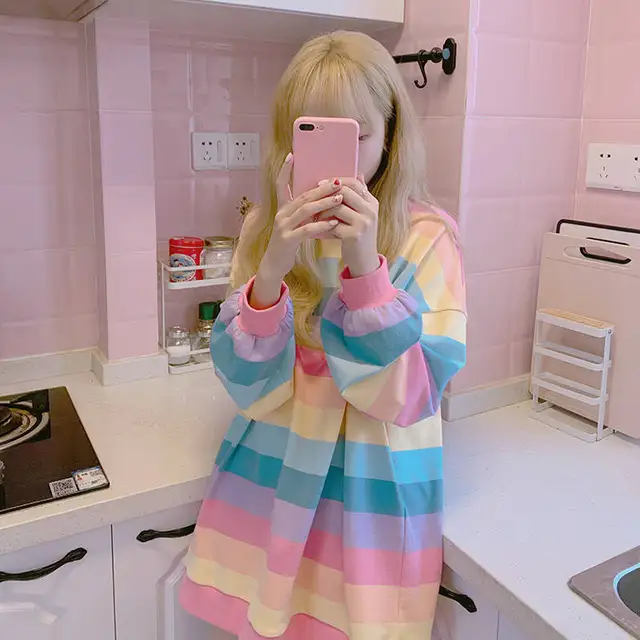 US $10.75 Autumn Ulzzang Chic casual long sleeve woman Striped T-shirt Rainbow Female Harajuku Loose Top Shir