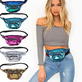 

Women Reversible Sequin Glitter Waist Fanny Pack Belt Bum Bag Pouch Hip Purse Messenger Bag Travel Holiday Wallet