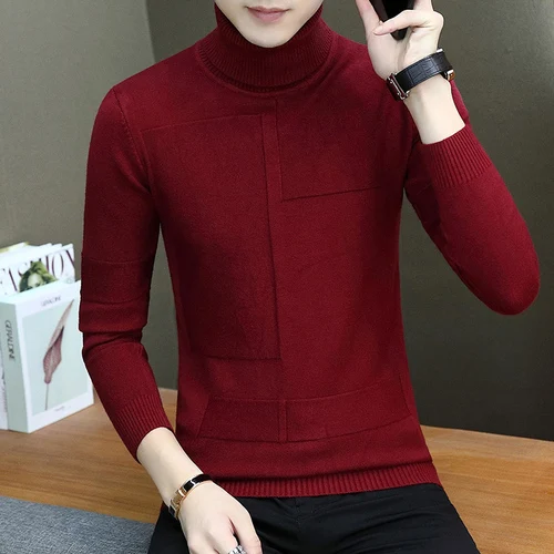 Wine red Зимний теплый свитер мужской модный однотонный водолазка эластичная сила приталенный Повседневный кашемировый пуловер трикотажный пуловер - Цвет: Wine red