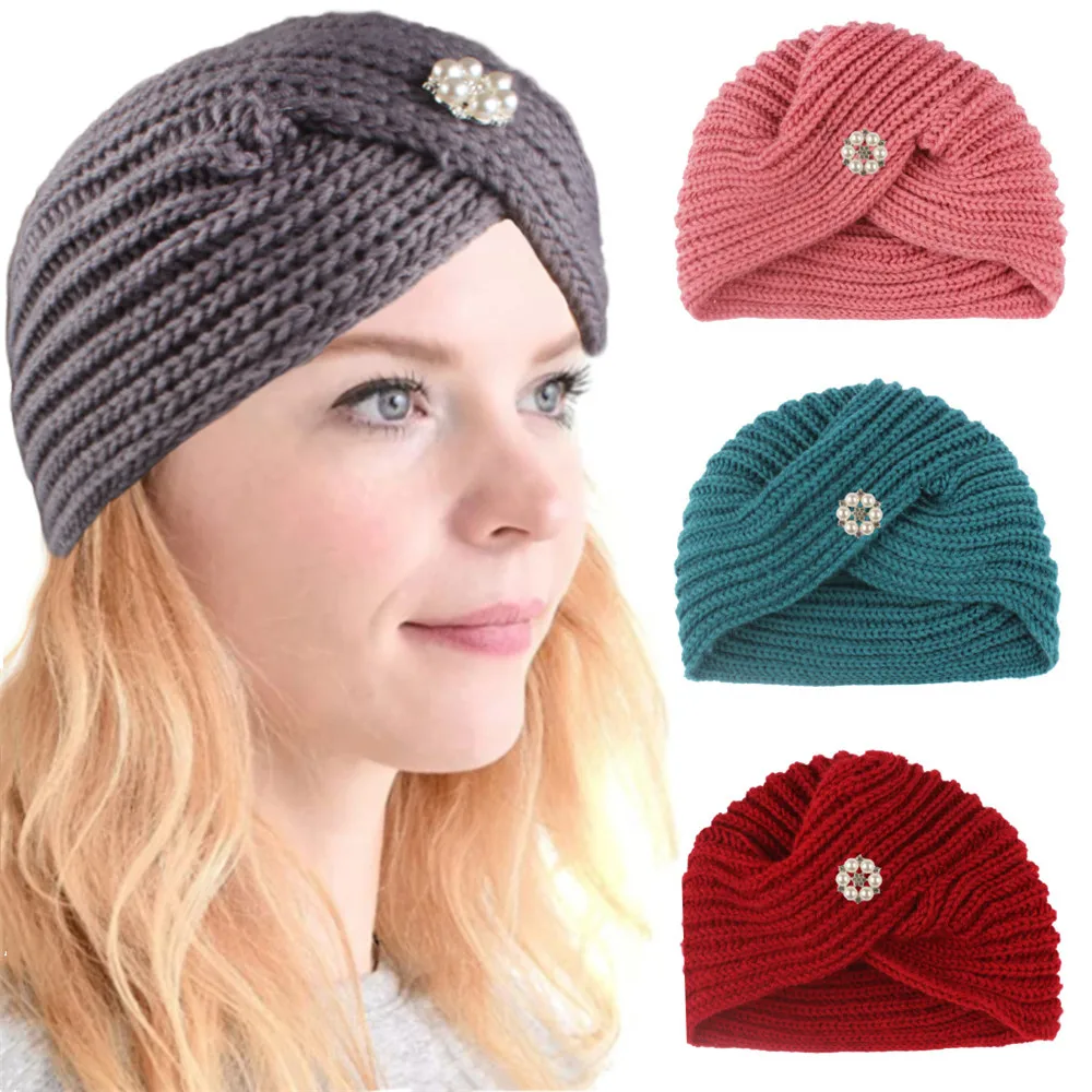 

1pc Winter Knitted Hat Women Cap Knit Hats Warm Casual Solid Color Fashion Female Pearl Jewelry Cross Hat Warm