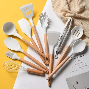 

11pcs Marble Silicone Kitchen Utensils Set with Wooden Handle Spatula Spoon Egg Beater Holder Cooking Tools