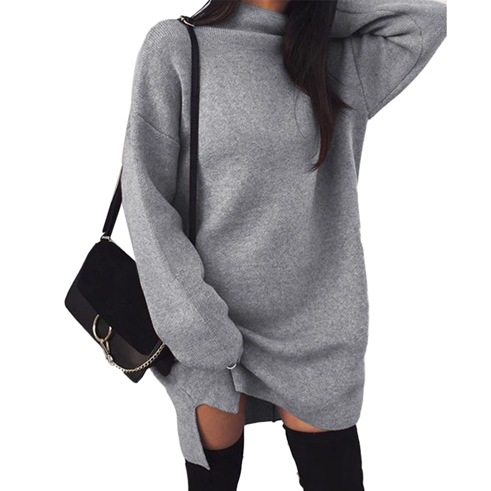 

Solid Color Loose Side Slit Winter Women Solid Color Loose Turtleneck Long Sleeve Warm Knitted Sweater Dress free shipping