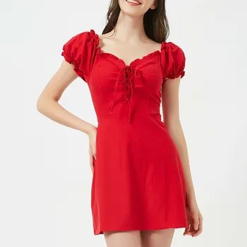 

BacklakeGirls Cute Lotus Leaf Edge V Neck Short Sleeve Mini Cocktail Dress Solid Color Bow Tie Party Dress Robe Femme