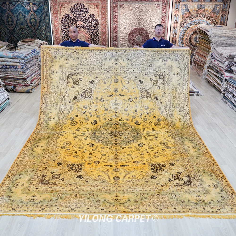 Yilong 9'x12' Tabriz Silk Rug Antique Design Hand Knotted Turkish Silk