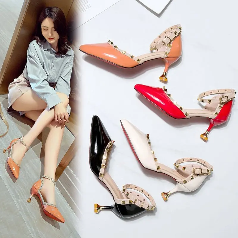 

Rivet High Heels Fine heel Pointed Women Shoes Ladies Pumps Sexy Spring Summer 2020 Fashion Sandals Office wedding party Dress