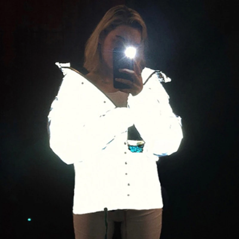 Зимняя Светоотражающая парка, женская светящаяся ветровка, светящееся пальто, толстая свободная светящаяся куртка, хип-хоп верхняя одежда, теплая уличная куртка