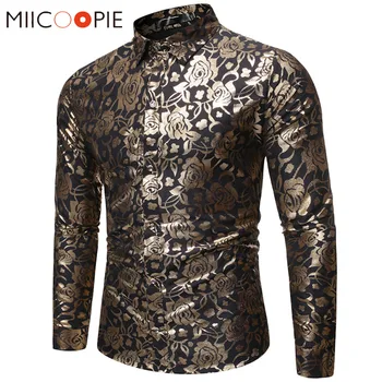 

Men's Casual Shirts Bronzing Rose Printed Long Sleeve Floral Chemise Homme New Wedding Nightclub Wear Men Fashions Casual Shirts