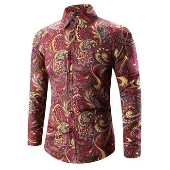 

Spring Autumn Men Floral Print Turn Down Collar Long Sleeve Shirt Slim Top