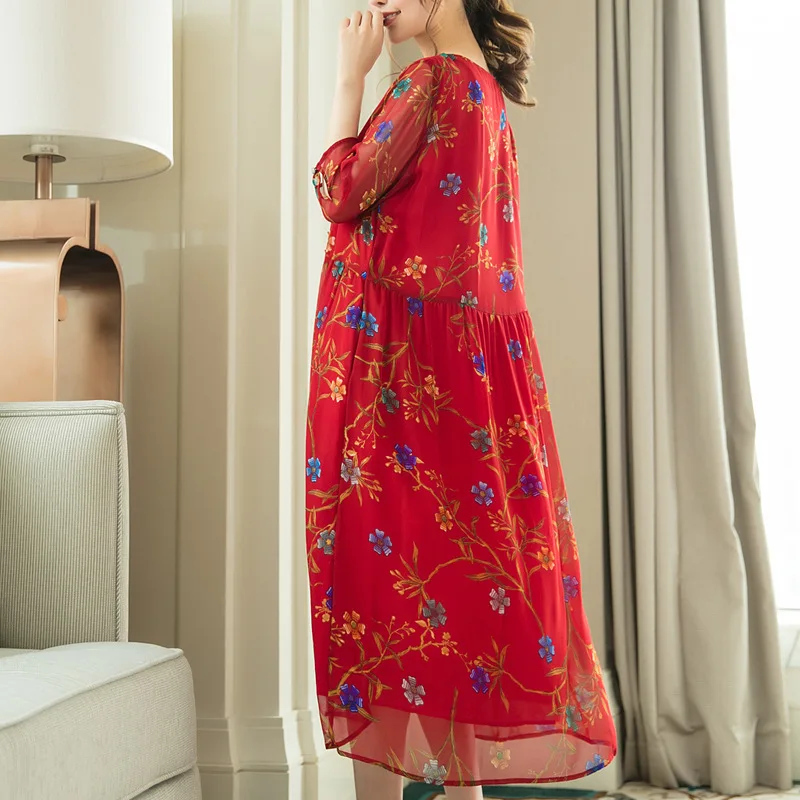 

Bohomian Floral Summer Women Elegant Silk Long Dresses O Neck Vintage Beach Lady Red Dress Sundress LX1678