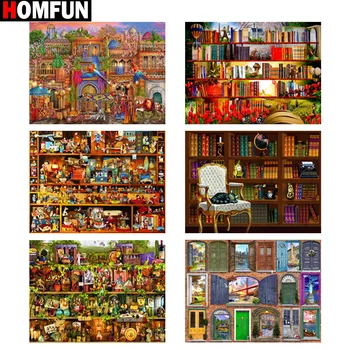 

HOMFUN Diamond Painting "Bookshelf decoration scenery"Cross Stitch Custom Photo Diamond Embroidery Square Round Drill Home Decor