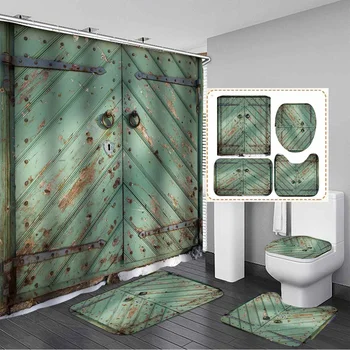 

Vintage Rust Green Iron Door Bathroom Shower Curtain Waterproof Polyester Bath Curtain Non-Slip Toilet Cover Rug Carpet Bath Mat