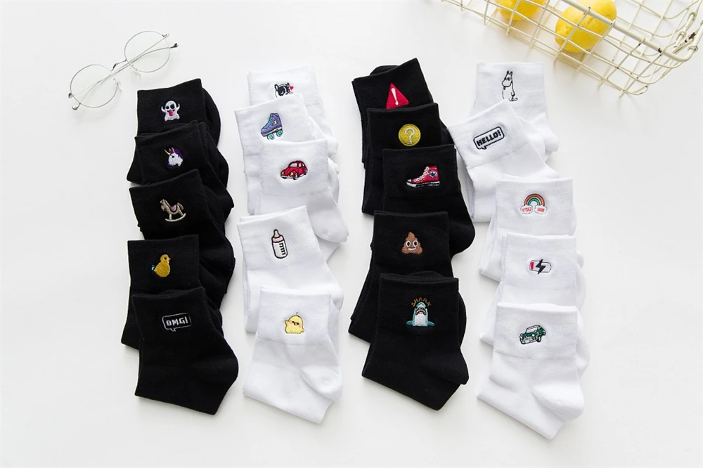 Women Socks Autumn Winter New Cotton Embroidery Cartoon Black White Tube Ladies College Wind Personality Casual Sports Sock