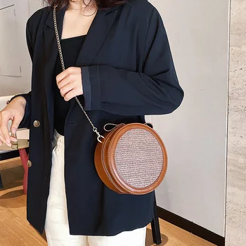 

Women's Round Crossbody Bag Bohemian Summer Straw Beach Bags Female Designer Woven Handbag Splice Retro Shoulder Messenger Bag