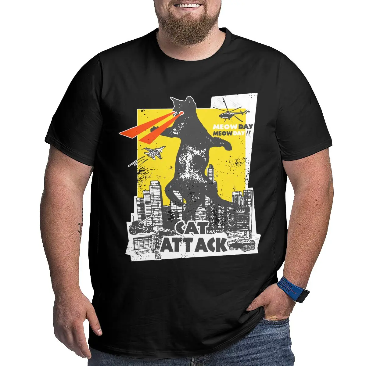 

Cat Attack Catzilla T Shirt for Men Cotton Fashion for Male T-Shirts Big Tall Tees Short Sleeve Clothing Big Size 4XL 5XL 6XL