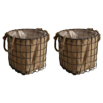 

2PCS Wrought Iron Baskets Iron Linen Weaving Baskets Iron Art Flower Pots for Dorm