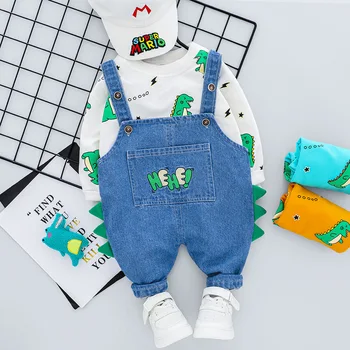 

HYLKIDHUOSE 2020 Autumn Baby Girls Boys Clothing Sets Newborn Infant Dinosaur T Shirt Denim Overalls Casual Clothes Kids Costume