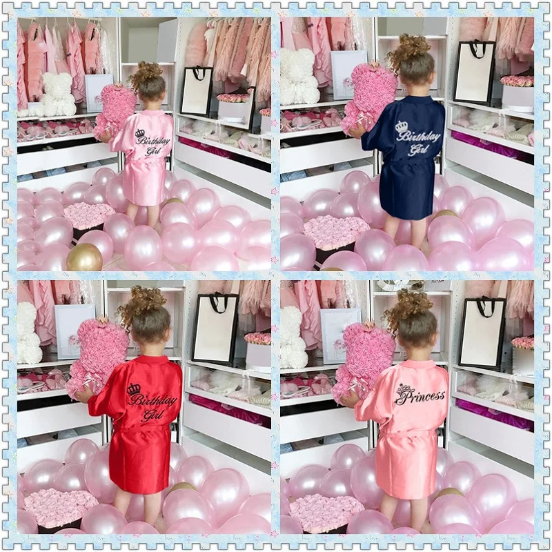 Kids Party Robes Clothes Red Pink Blue Toddler Baby Girl Solid Silk Satin Kimono Bathrobe Birthday Sleepwear Letter Print Robes