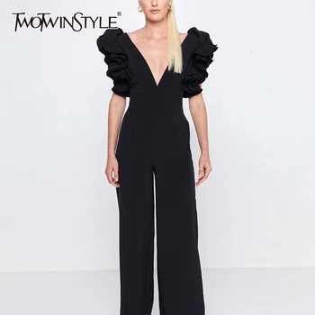 

TWOTWINSTYLE Patchwork Ruffles Women's Jumpsuits V Neck Tank Backless High Waist Ankle-length Jumpsuit Female 2020 Fashion Tide