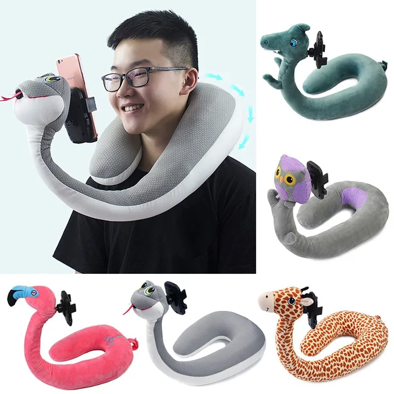 

2-in-1 U-shaped Pillow Mobile Phone Holder Flexible Soft Hanging Neck Lazy Bracket Cute Animal 360 Degree Phones Holder Stand