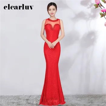

Lace Mermaid Evening Dresses O-Neck See-Through Party Gowns DX355-1 Plus Size Elegant Robe De Soiree 2020 New Long Evening Gowns