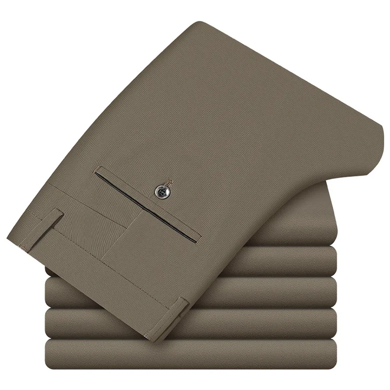 deep khaki Мужские плотные прямые брюки, мужские свободные повседневные однотонные брюки с высокой талией, Стрейчевые брюки для деловых мужчин - Цвет: deep khaki
