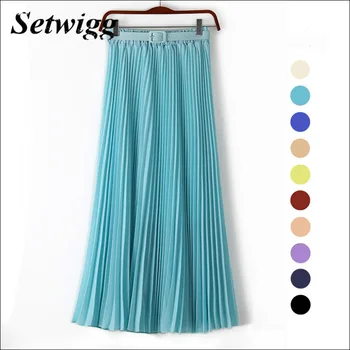 

SETWIGG 90cm Long Chiffon Accordion Pleated Skirts Elastic Waist Belt Casual Candy Maxi Long Bohemian Summer Skirts SG03