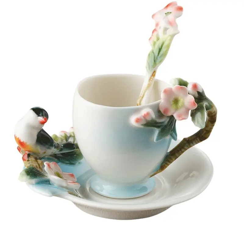 

New design Beautifully 3D bird Coffee Mug with spoon dish,Colored enamel porcelain Mug with saucers and teaspoons creative gift