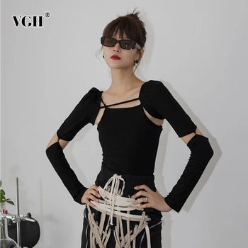 

VGH Two Piece Set For Women Square Collar Sleeveless Sling Backless Hollow Out Long Sleeve Lace Up Sets Female 2020 Summer New