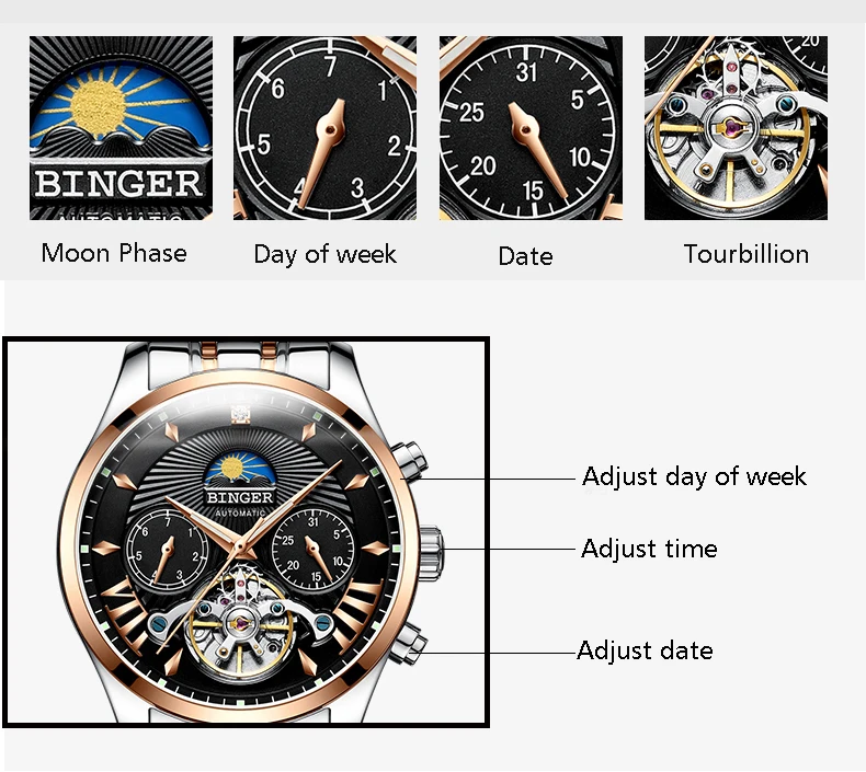 Швейцария BINGER для мужчин's автоматические часы мужчин роль мужчин s часы лучший бренд класса люкс механические скелет relogio tourbillon