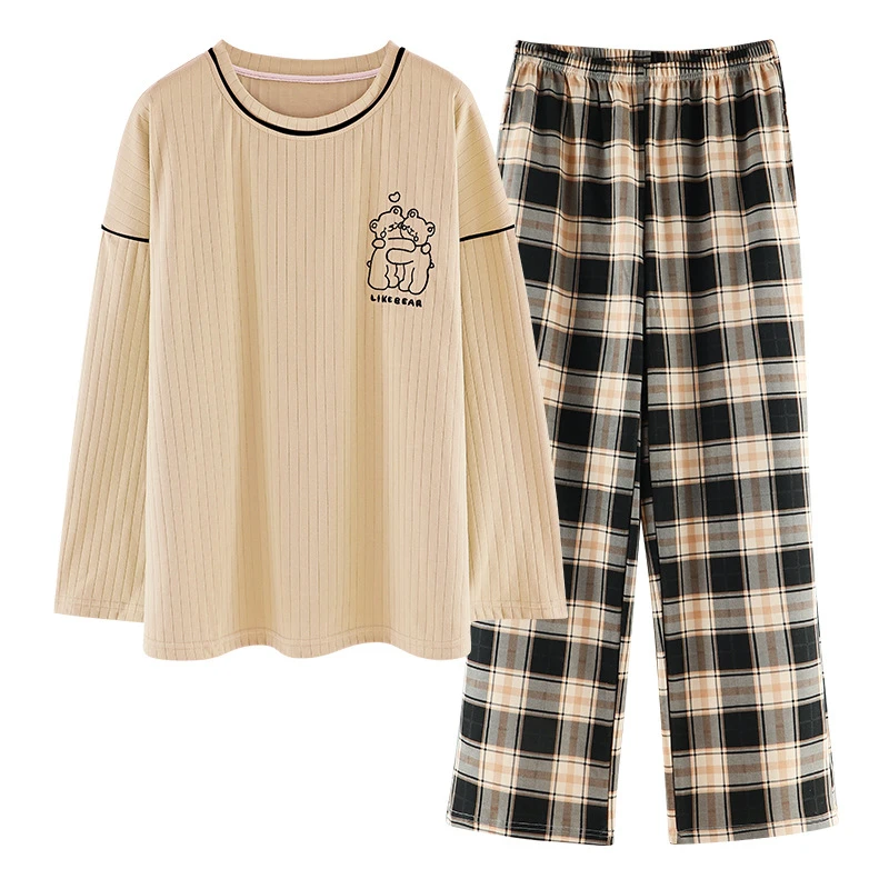 

Autumn winter women's cotton pajamas long sleeve cute cartoon open lattice simple loose comfortable home clothes JJF0094