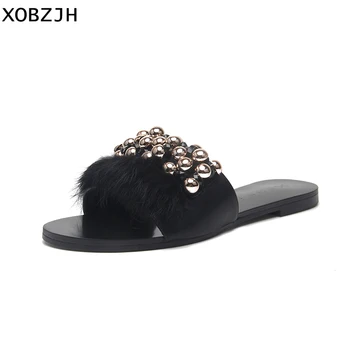 

2019 Women Shoes Fashion Luxury Handmade Buckle Feather Flat Sandals Ladies Summer Party Black Leather Slippers Plus Size US11