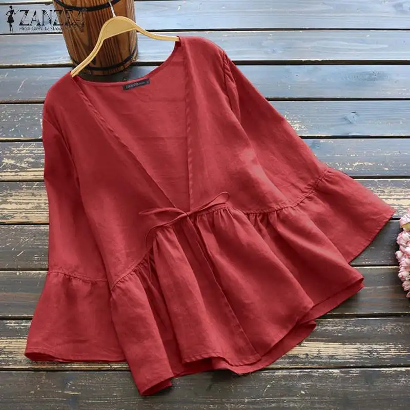 Blouse Tunic Shirt Cardigans Tops Lace-Up Cotton Linen ZANZEA Vintage Women Summer 3/4-Sleeve