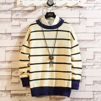 

2020 New Sweaters Men'S Long Sleeves Autumn Spring Striped Pullover Knitted O-Neck Plus OverSized 5XL