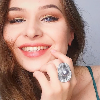 

2020 new rings with Big Grey Pearl for women Ladies wholesale jewelry Flower Lotus leaf Fashion crystal large ring