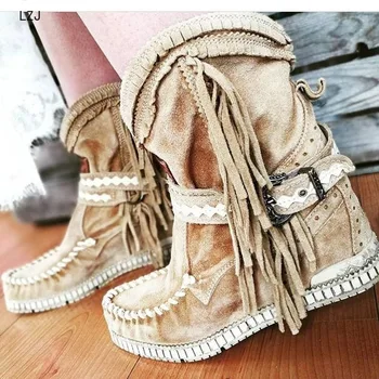 

2019 Women Ankle Short Boots Tassels Round Toe Buckle Strap Boots Ethnic Style Warm Non-slip Boots Shoe For Ladies Botas Mujer