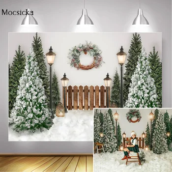 

Christmas Photography Backdrop Wreath Green Christmas Trees Snow Photocall Birthday Portrait Background Street Lamp Fence Props
