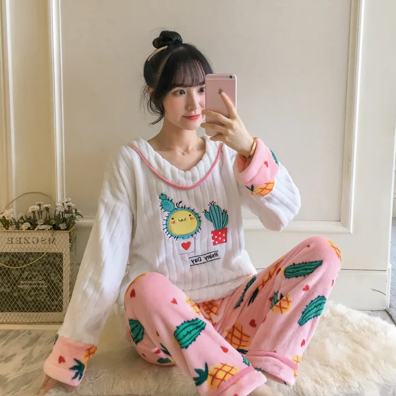 

Coral Velvet Pajamas Women's Autumn & Winter Thick Warm Cute Cactus Korean-style Students Flannel Homewear Set