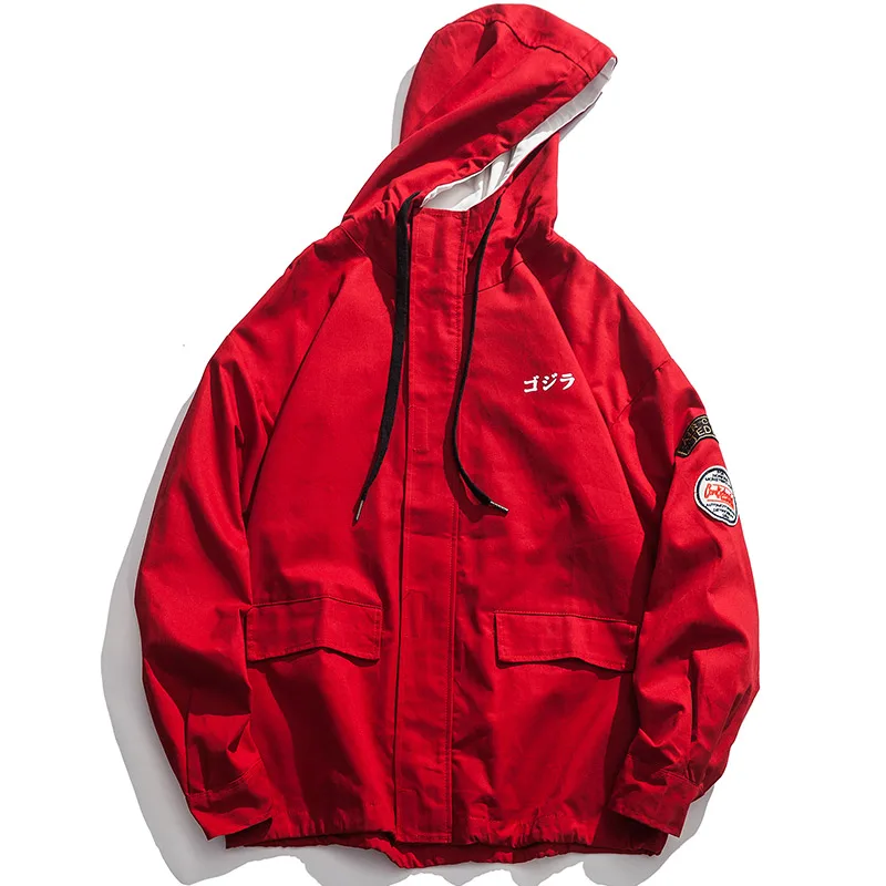 Aolamegs мужская куртка японская ретро куртка ветровка с капюшоном верхняя одежда Ukiyo-e спрей принт Молодежный уличный стиль карго пальто - Цвет: Red