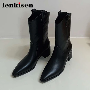 

Lenkisen natural leather small square toe high heel western boots French romantic beauty lady streetwear cozy mid-calf boots L00